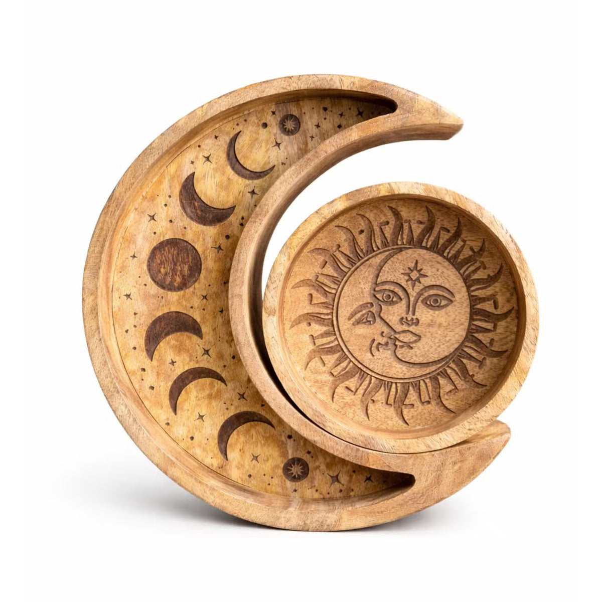 Bandeja de Madera Redonda con Forma de Luna y Sol