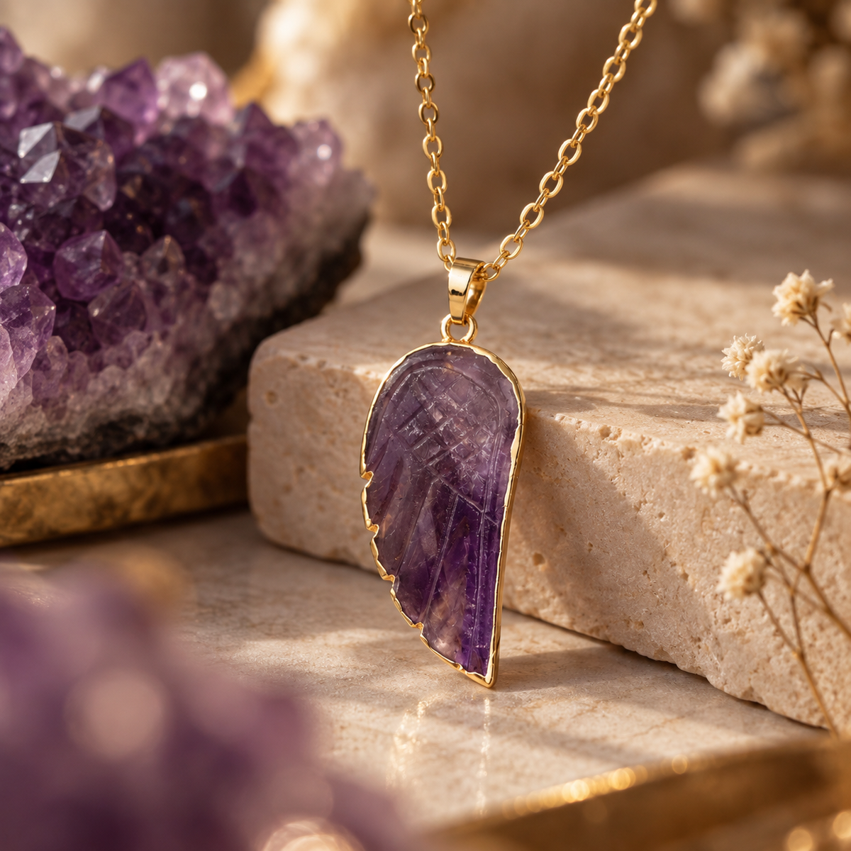 18K Gold Plated Angel Wing Natural Stone Necklaces