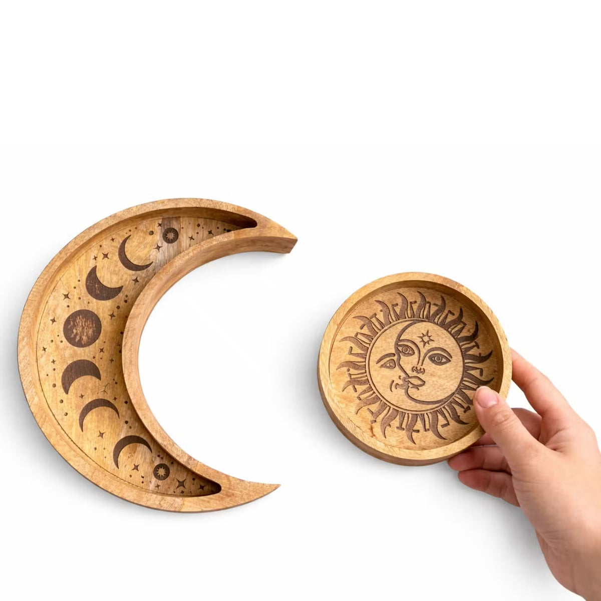 Bandeja de Madera Redonda con Forma de Luna y Sol